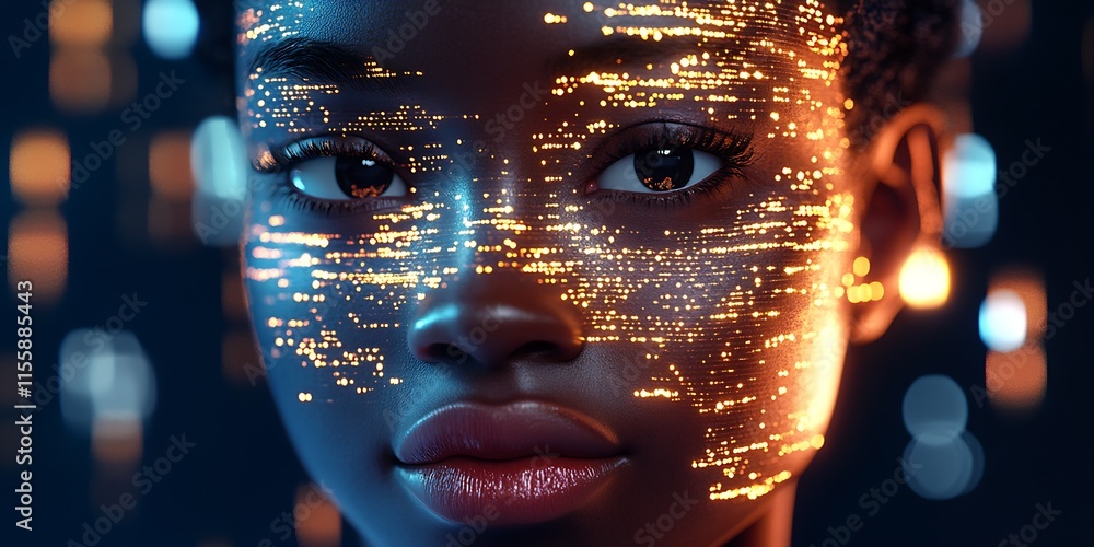 Poster close-up portrait with futuristic digital light art on skin representing technology and innovation :