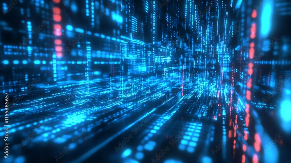 Poster Futuristic Digital Data Stream in Blue and Red Glows for High-Tech Backgrounds : Generative AI