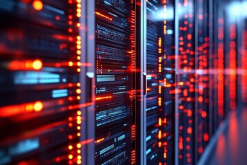 Obraz premium Modern Data Center With Vibrant LED Lights Illustrating Advanced Computing and Digital Infrastructure : Generative AI
