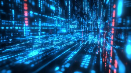 Futuristic Digital Data Stream in Blue and Red Glows for High-Tech Backgrounds : Generative AI