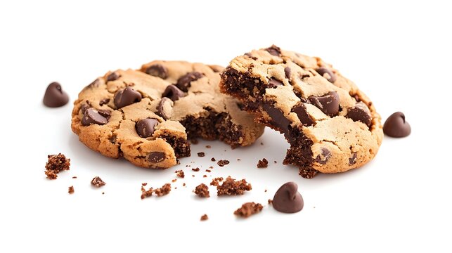 Illustrate an enticing image with choco chip cookies showing a broken piece and crumbs, along with a sweet chocolate biscuit pastry