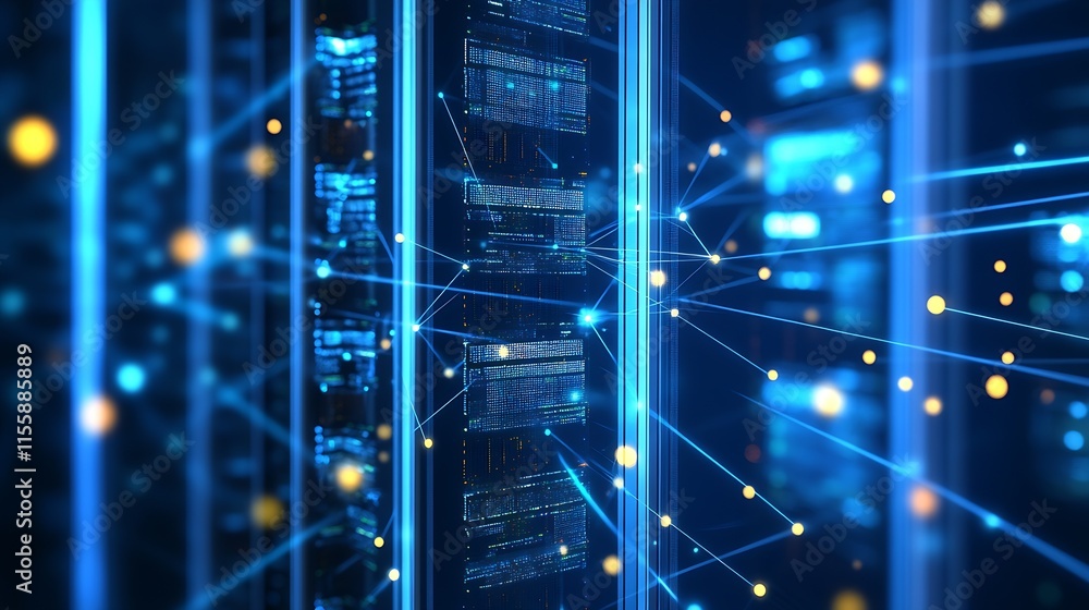 Aufkleber Advanced Networking in Data Servers with Blue Neon Lighting : Generative AI