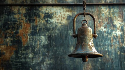 Fototapeta premium Rusty Old Bell Hanging on Weathered Wall