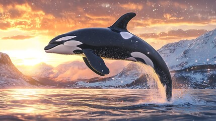 Obraz premium Illustrate an orca in mid-leap from the ocean, with the setting sun casting a warm glow on the scene