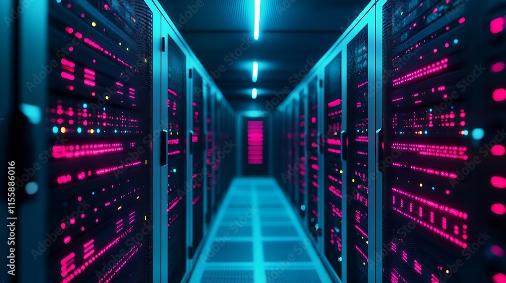 Poster Futuristic data center corridor with illuminated server racks displaying vibrant blue and pink LED light patterns : Generative AI