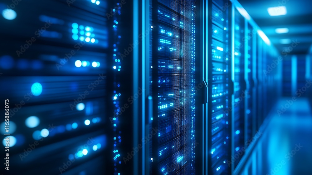 Aufkleber Illuminated Server Room with Advanced Technology and Digital Networking : Generative AI