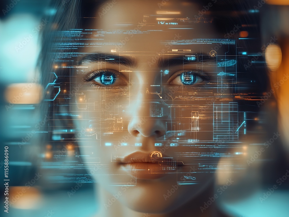 Aufkleber woman's face with illuminated digital interface showcasing futuristic technological themes : generat