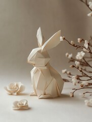 An origami-style Easter bunny crafted from rich chocolate,  adorned with a simple ribbon around its neck