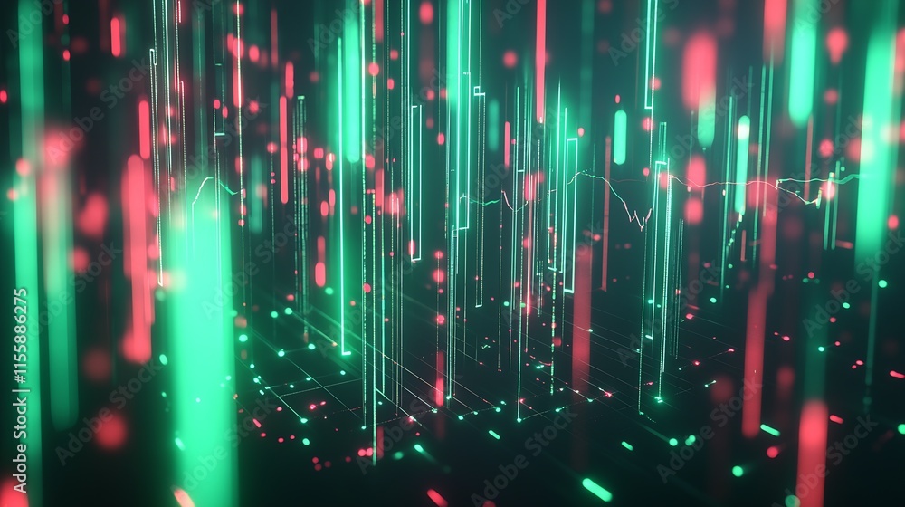 Poster glowing green and red digital strands in virtual cyberspace : generative ai