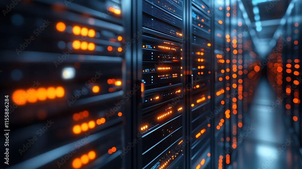 Poster high performance server cabinets with orange led displays in a modern data facility : generative ai