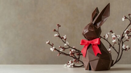 An origami-style Easter bunny made from rich chocolate, adorned with a red ribbon around its neck