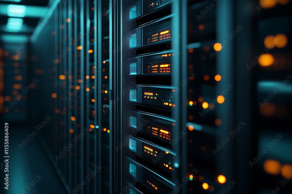 Poster Modern Data Center Rows with Glowing Server Racks and Blurred LED Lights : Generative AI