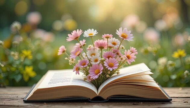  Open book with flowers, blurred bokeh background, distinct split composition, sharp focus on the book and flowers, soft background
