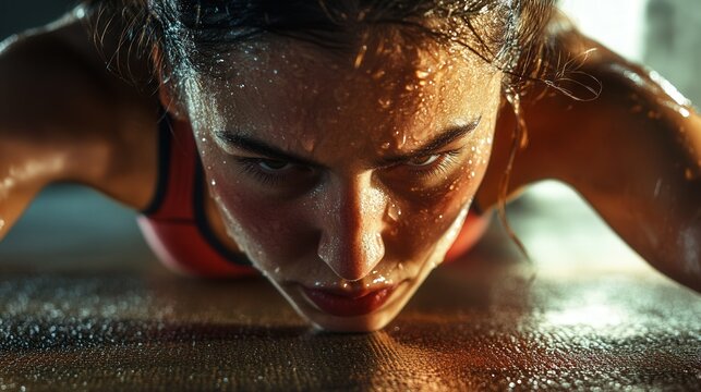 Intense female athlete performing push-ups in a gym during a training session