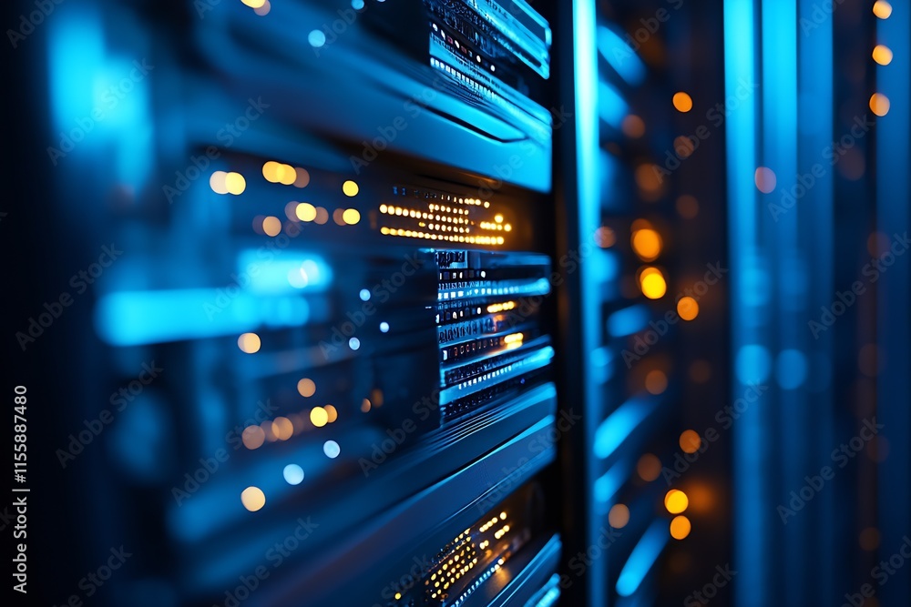Poster Modern Data Center with Blue and Orange LED Server Racks Showcasing Advanced Technology : Generative AI