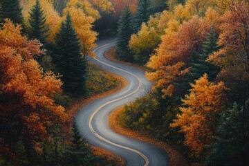 Naklejka premium Serpentine Journey Through Autumn Woods: A Winding Road Adventure