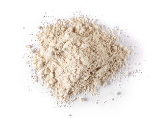 Integral spelt flour pile, isolated on white, top view