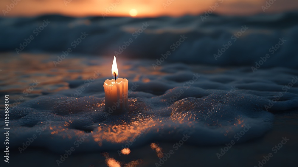 Poster a tranquil scene of a single candle illuminating soft waves at sunset, capturing serenity and peacef