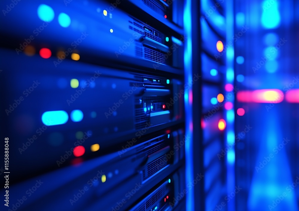 Poster Illuminated Server Room with Blue and Red Network Connectivity Lights Highlighting Technology : Generative AI