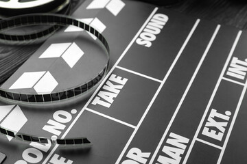 Movie clapper and film reel on black wooden table, closeup
