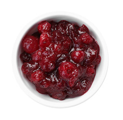 Tasty cranberry sauce in bowl isolated on white, top view