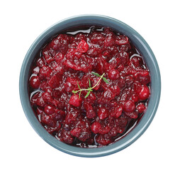 Tasty cranberry sauce in bowl and thyme isolated on white, top view