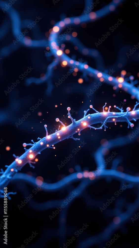 Poster electron microscopic view of a human brain with highlighted neuronal circuitry illustrating vagus ne