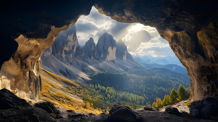 Majestic mountain range seen from a cave opening, sunlit valley and high peaks