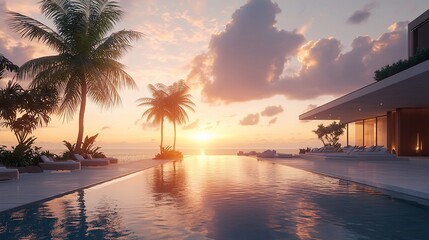 Sunset view of luxury beachfront pool villa with palm trees.