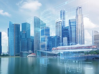Futuristic Smart City Skyline with Digital Interfaces Illustrating Modern Urban Technology : Generative AI