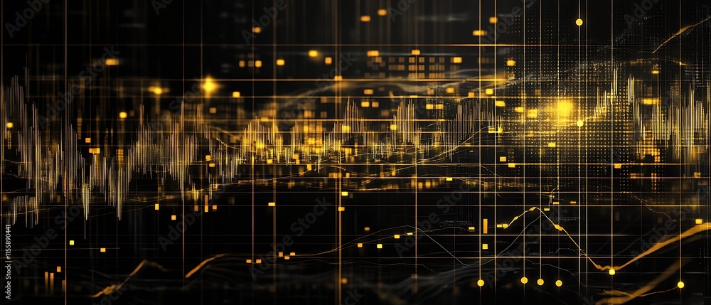 Poster Dynamic Digital Data Stream with Vibrant Gold and Black Abstract Visualization : Generative AI