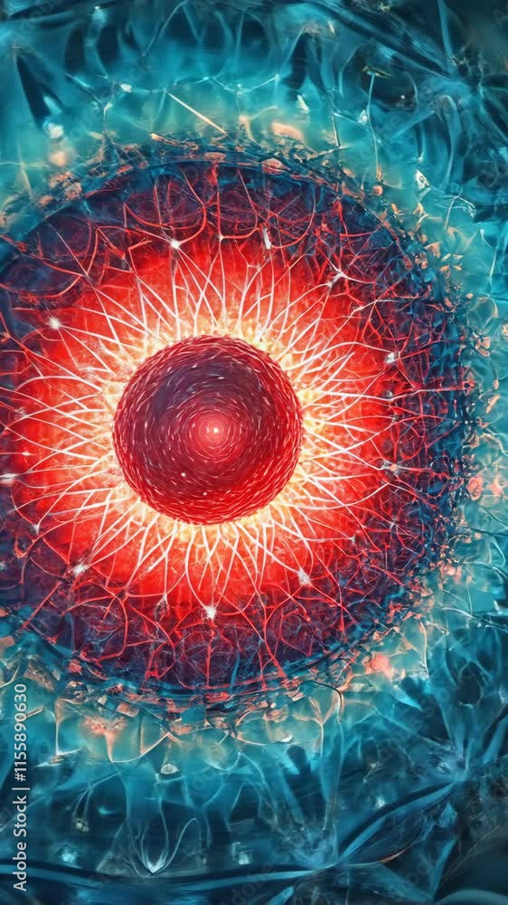 Poster intricate patterns of red and blue energy radiating from a central sphere create a mesmerizing visua