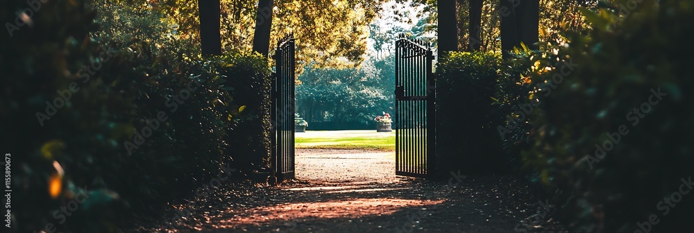 Poster charming garden pathway through open gate surrounded by trees in tranquil park : generative ai