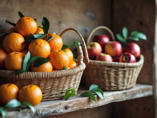 A basket of oranges is on a shelf next to a basket of apples