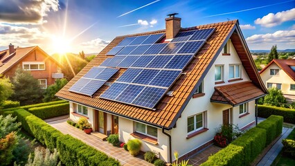 Fototapeta premium Solar Panels on House Roof Harnessing Photovoltaic Energy for Clean and Sustainable Residential Power Solutions