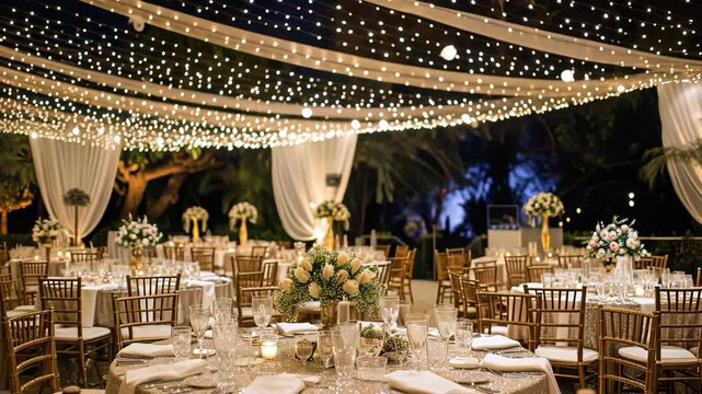 A spacious banquet hall filled with neatly arranged tables and chairs, illuminated by the soft glow of overhead lights, Elegant wedding reception under a star-filled night sky