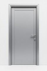 Aluminum door with brushed silver finish, modern sleek design with angular lines and sharp edges, minimalistic structure with no visible hardware