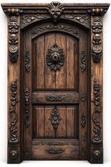 Elegant Oak Wood Door with Floral Carvings in Traditional English Cottage Style on White Background - Photorealistic Image