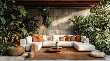 Sunlit patio with sectional sofa, lush plants, and earthy tones.