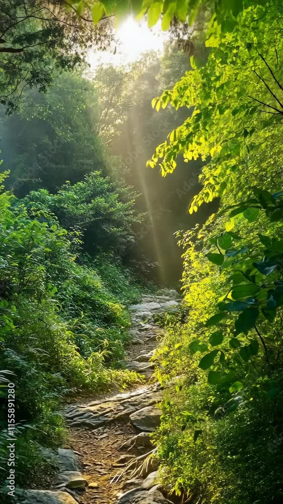 Poster sunlight filters through trees on a tranquil forest path during a quiet morning in nature