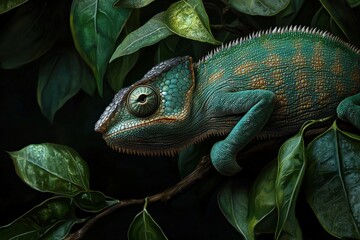 Fototapeta premium A chameleon perched on a leafy branch, its body blending seamlessly with the vibrant green foliage