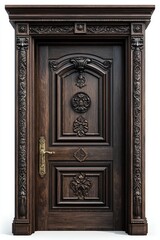 Elegant Traditional Wooden Door with Carved Geometric Patterns and Gold Handle on White Background