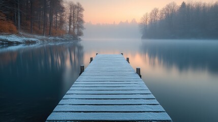 Fototapeta premium Snowy wooden dock on a misty lake at sunrise.