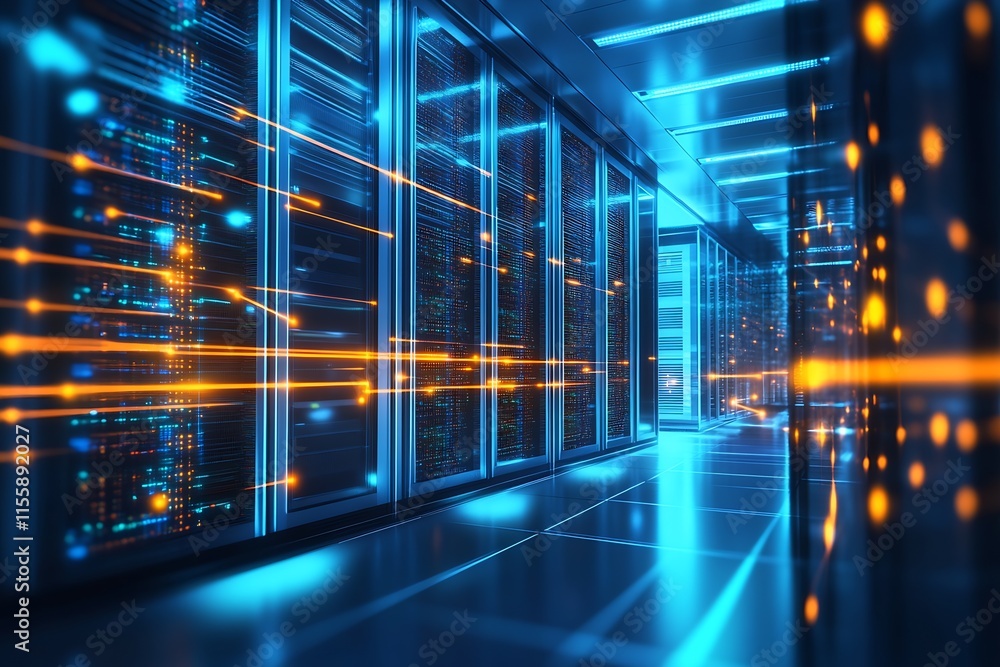 Poster futuristic illuminated data center hallway with vibrant orange and blue server lights and reflection