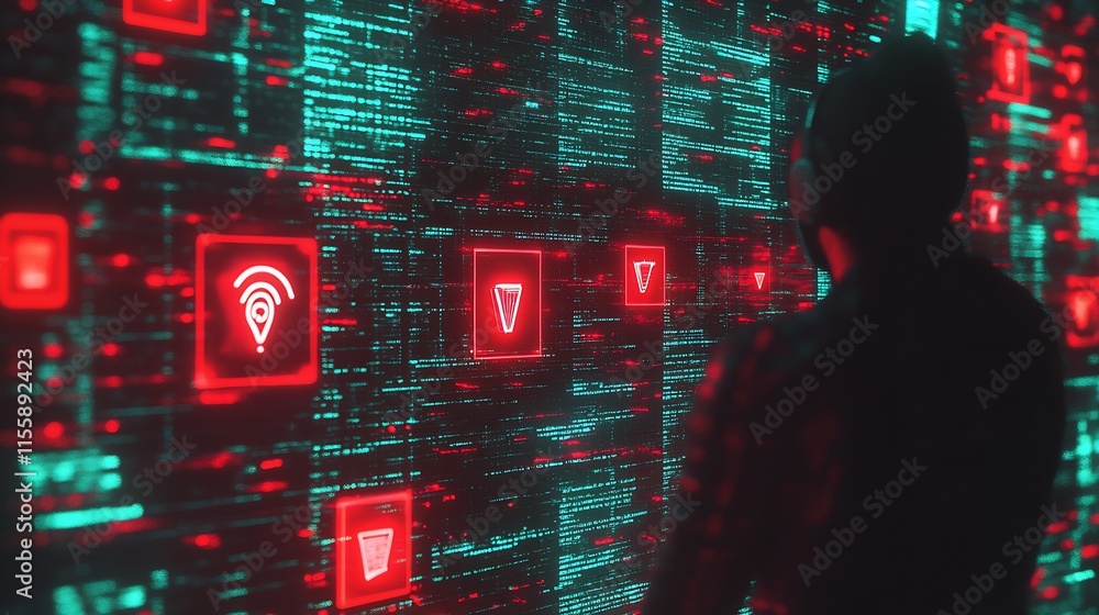 Aufkleber Person Facing Red Information Symbols on Digital Cyber Network Screen in Futuristic Security System : Generative AI