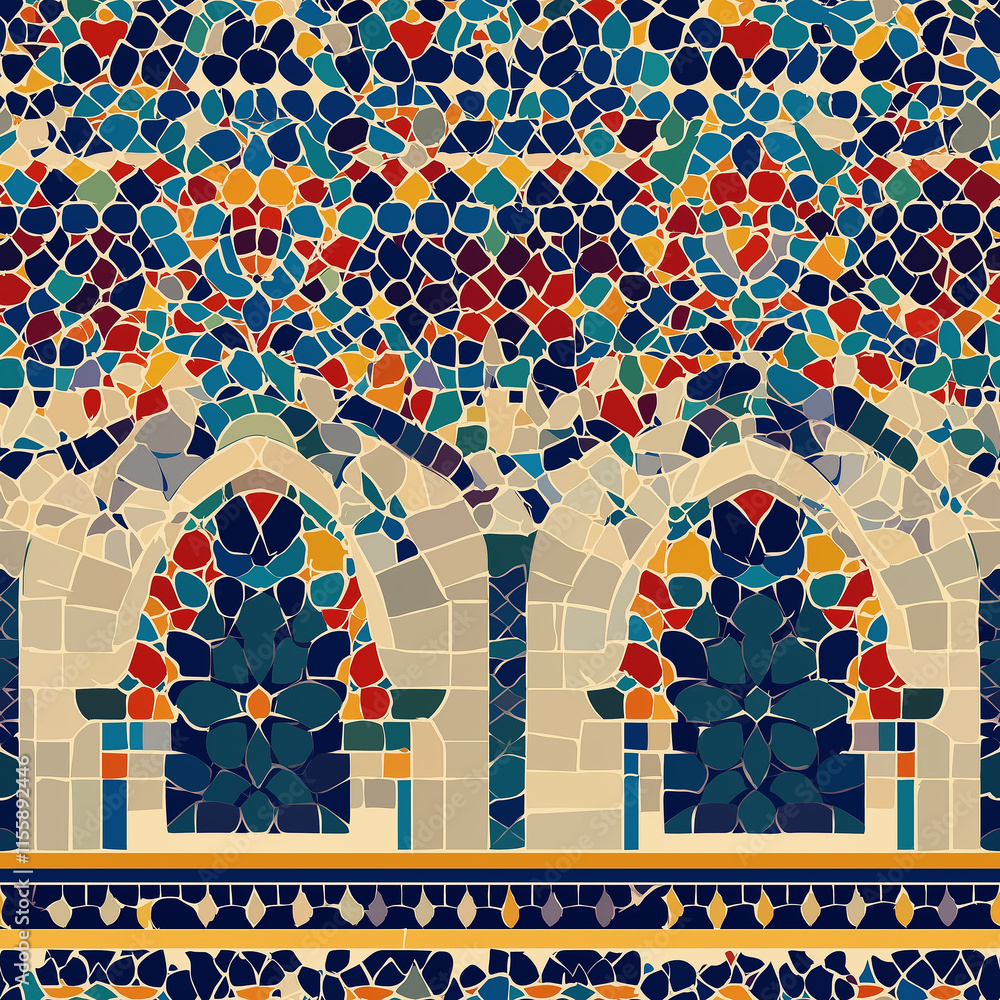Poster vibrant mosaic design featuring intricate patterns and colors, showcasing architectural elements typ