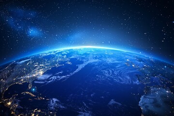 Stunning view of earth from space: cosmic nightscape with city lights and stars. Concept of Science Fiction Day