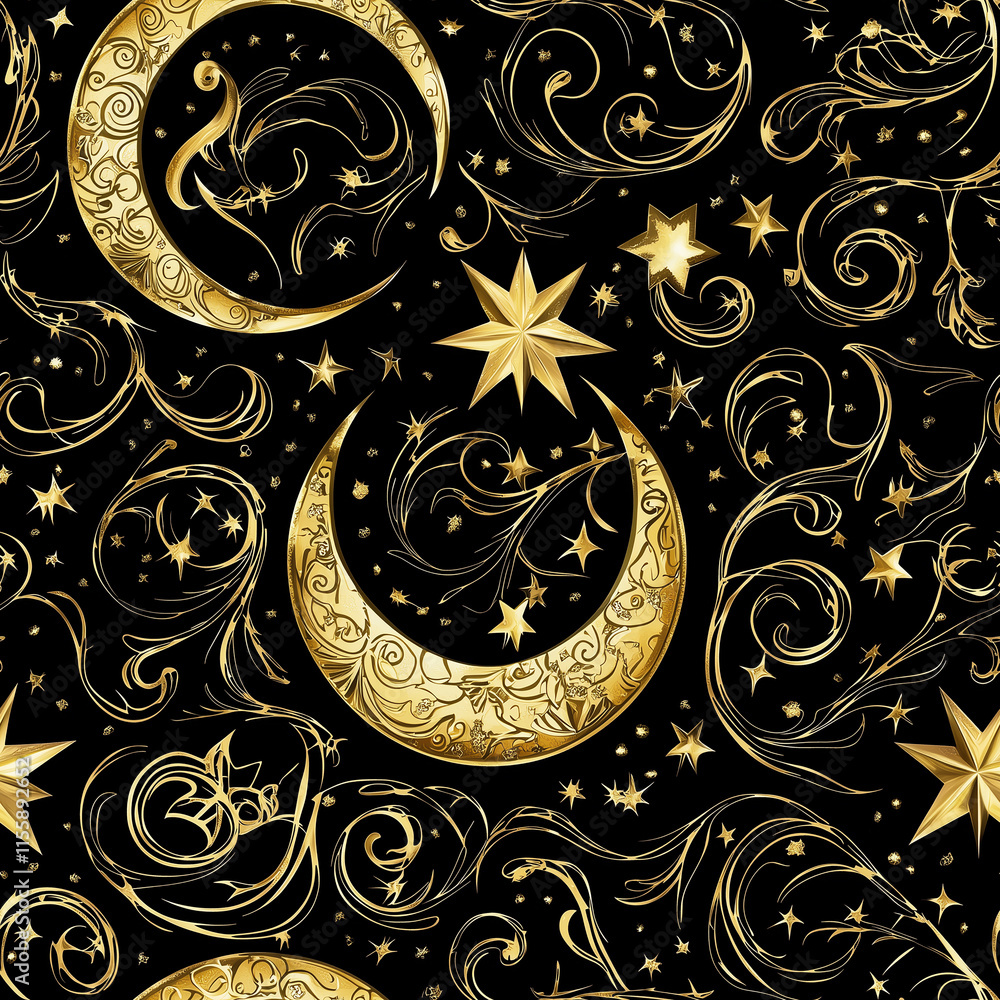 Poster elegant golden moons and stars intertwined with swirling patterns on a black background, creating a 