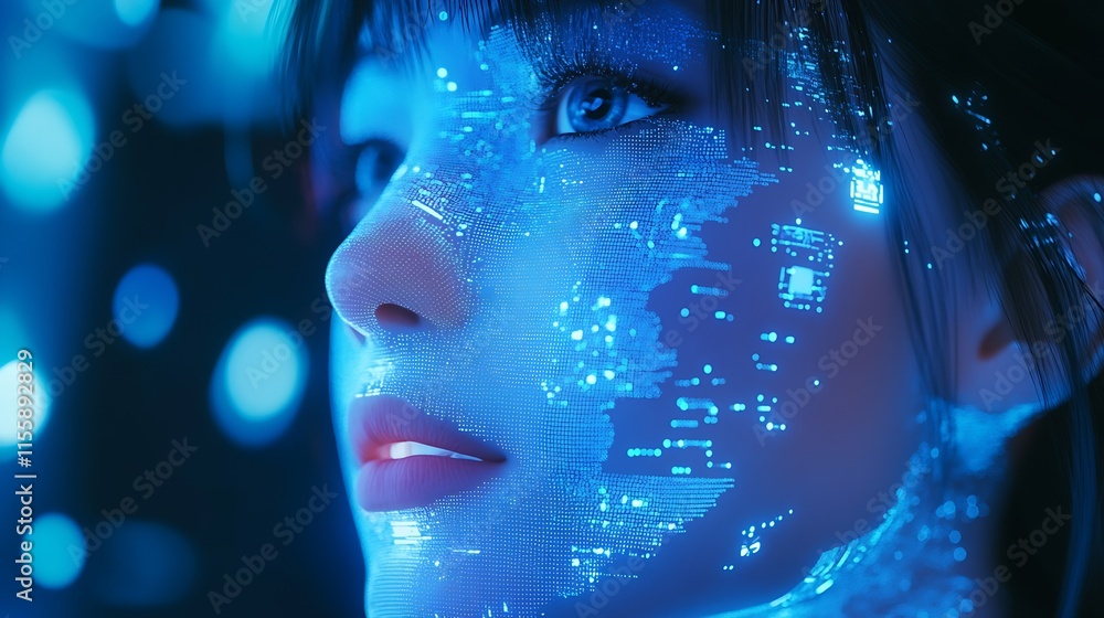 Poster Digital Portrait Close-Up of Woman with Holographic Data Overlay : Generative AI