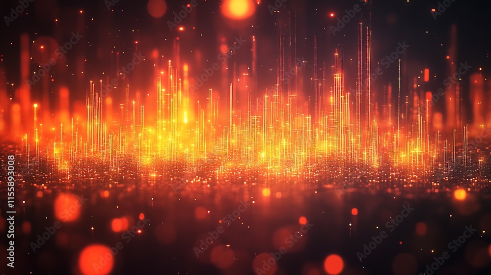 Poster vibrant orange digital lights creating abstract cityscape pattern : generative ai